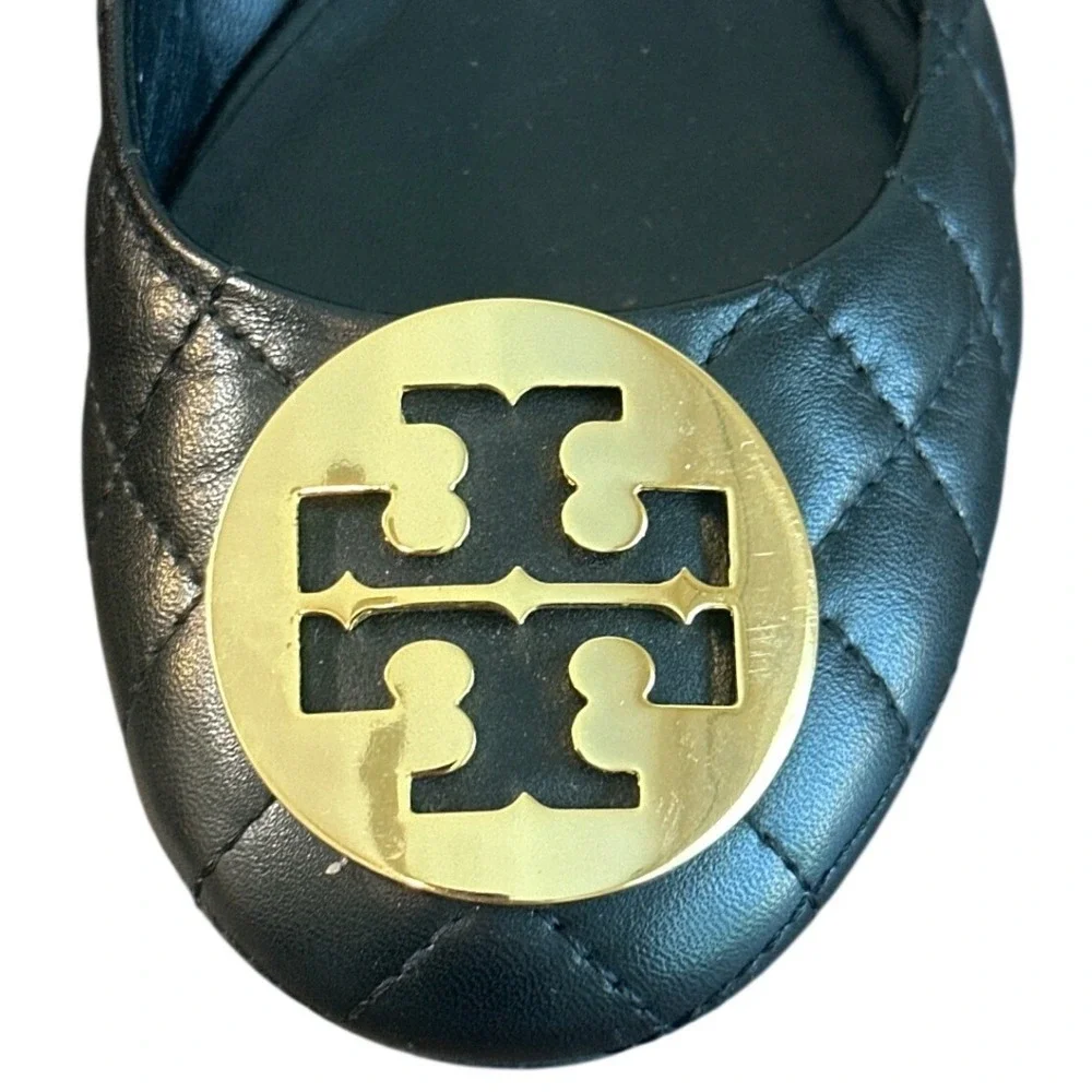 Tory Burch Claire Quilted Block Heel Pumps Black Gold Logo Leather Size 8